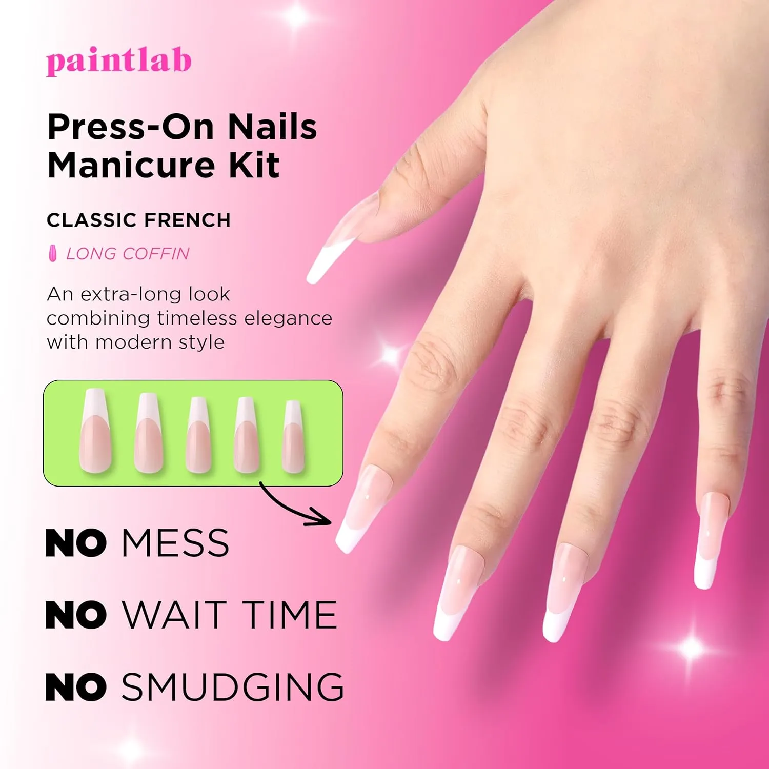 PaintLab Press-On Nails Manicure Kit, Classic French, 30-Piece Set, Long-Lasting Fake Nails with Glue, File, Prep Pad & Cuticle Stick