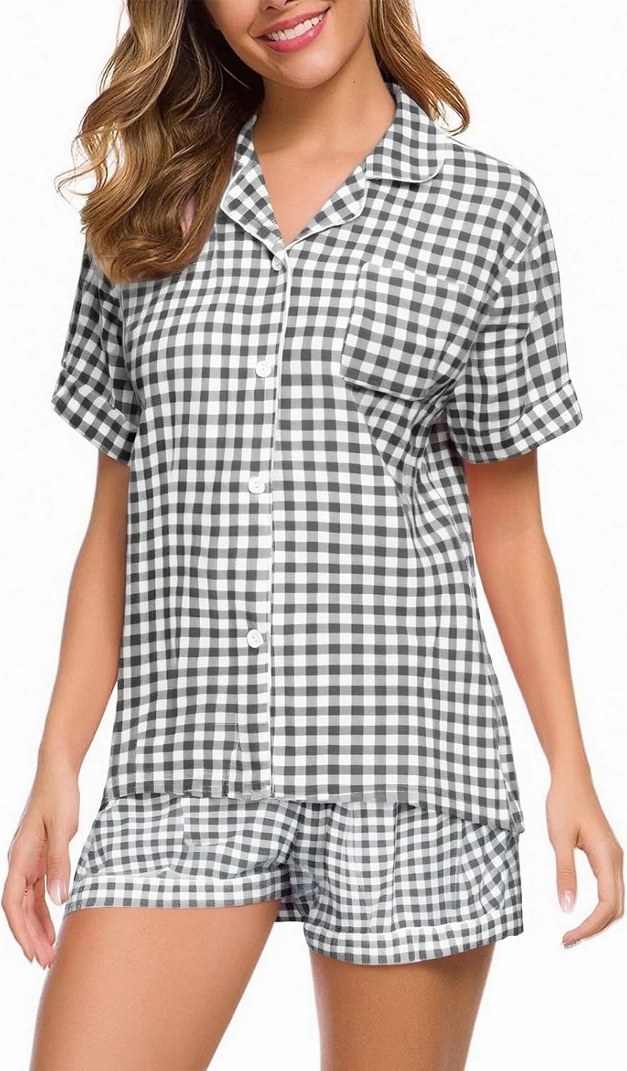 Pajama Set for Women 2 Piece Lounge Set Short Sleeve Button Up Tops and Shorts Soft Sleepwear, Single Chest Pocket