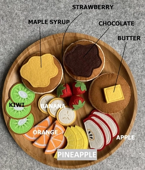 Pancake Set with Fruits/Felt Play Food for Toddlers & Kids/Pretend Play/Montessori Educational Kitchen Toys/Role Play