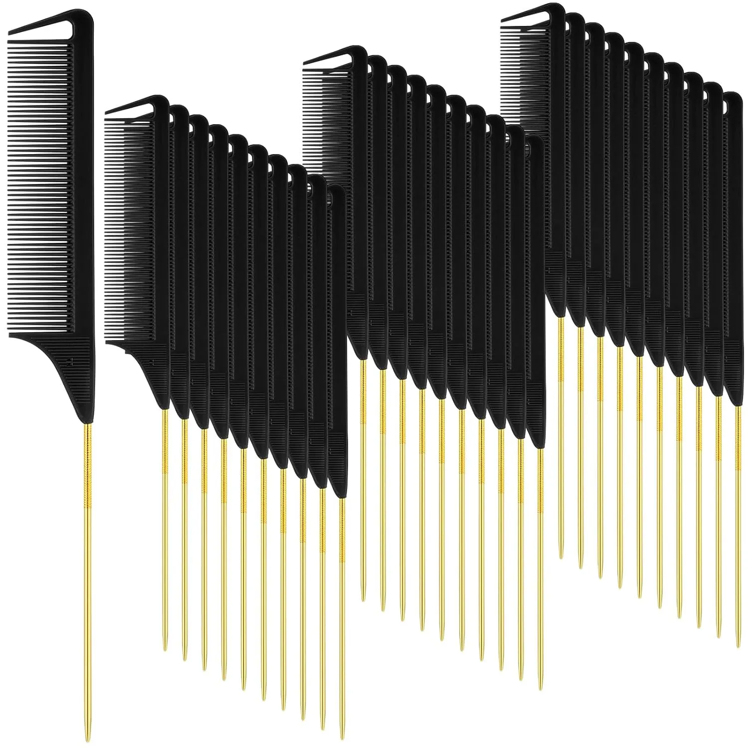 Patelai 30 Pieces Parting Comb for Braids Steel Hair Pin Rat Tail Carbon Fiber Heat Resistant Teasing Combs with Stainless Steel Pintail(Black, Gold)