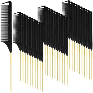 Patelai 30 Pieces Parting Comb for Braids Steel Hair Pin Rat Tail Carbon Fiber Heat Resistant Teasing Combs with Stainless Steel Pintail(Black, Gold)