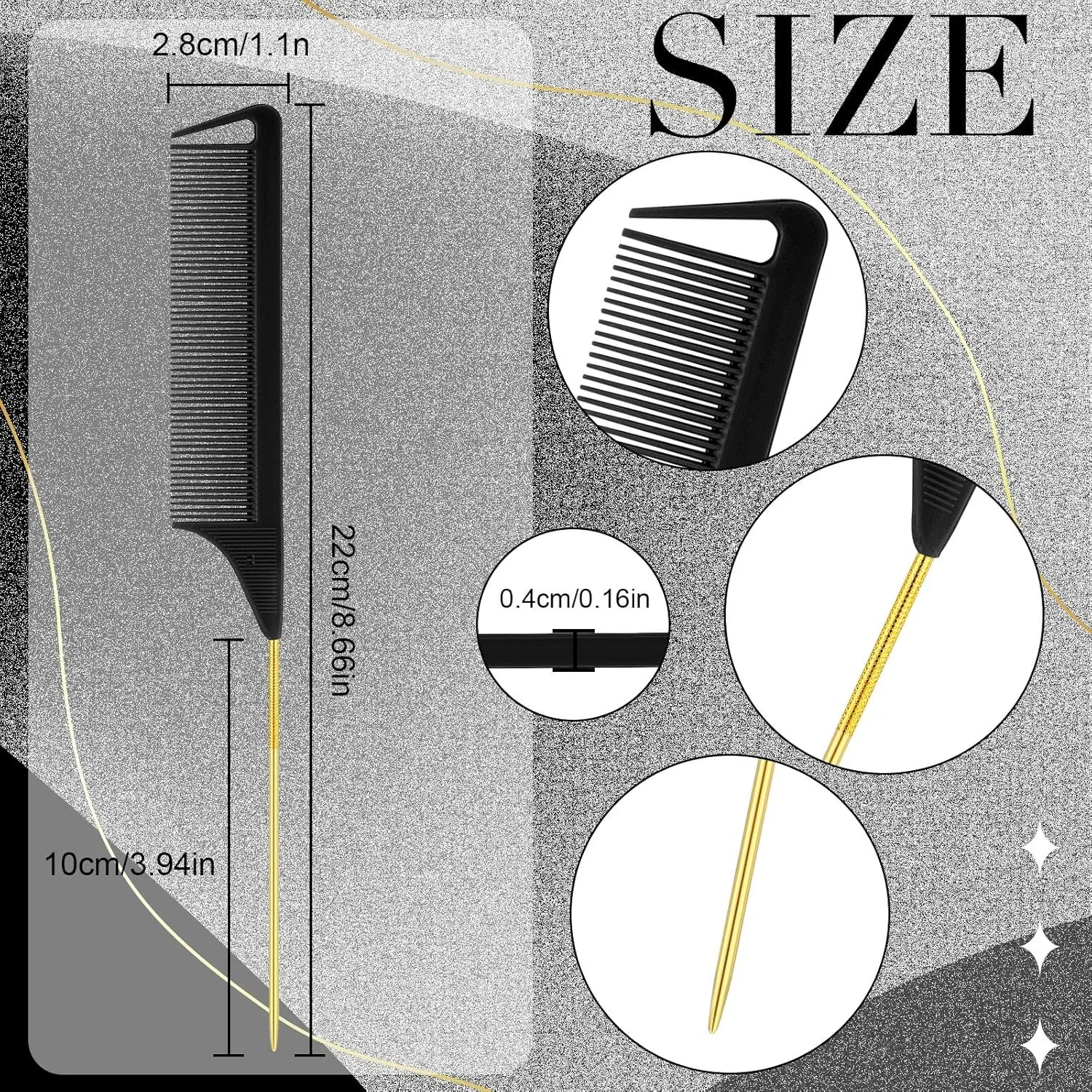 Patelai 30 Pieces Parting Comb for Braids Steel Hair Pin Rat Tail Carbon Fiber Heat Resistant Teasing Combs with Stainless Steel Pintail(Black, Gold)