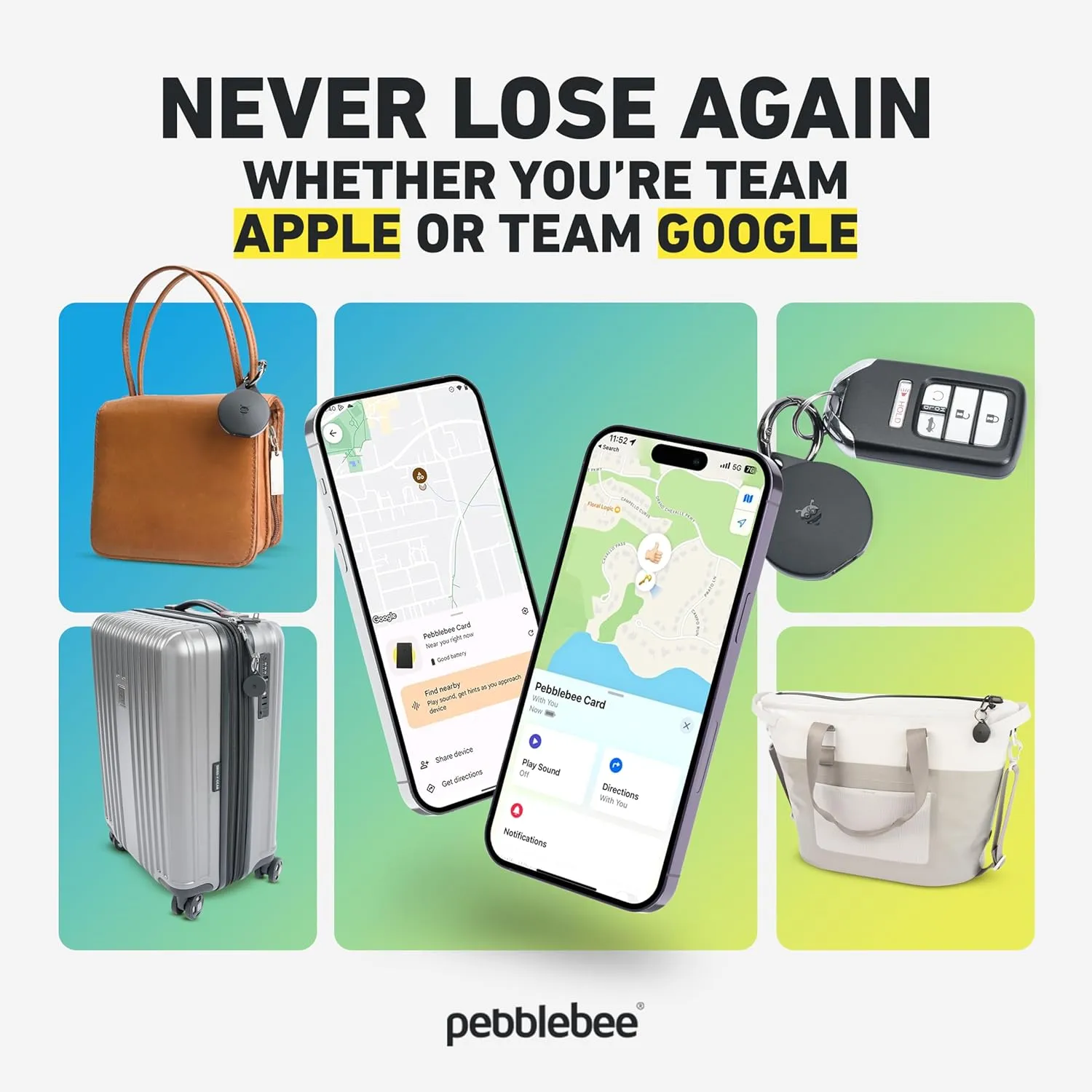 Pebblebee Clip Universal - Rechargeable Mini Item Tracker | Alternative to Air Tag & Android Trackers | 12-Month Battery Life | Works with Both Android & iOS Find My Apps | LED & Sound Alerts