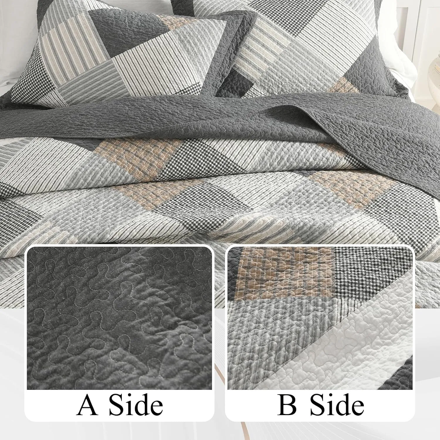 PERHOM Quilts Queen Size - 100% Cotton Queen Quilt Bedspread Sets, Gray Quilt Bedding Set for Queen Bed, 3 Pcs Farmhouse Reversible Rustic Lightweight Comforter, Dark-Gray/White/Brown