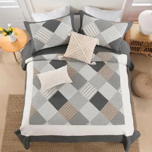 PERHOM Quilts Queen Size - 100% Cotton Queen Quilt Bedspread Sets, Gray Quilt Bedding Set for Queen Bed, 3 Pcs Farmhouse Reversible Rustic Lightweight Comforter, Dark-Gray/White/Brown