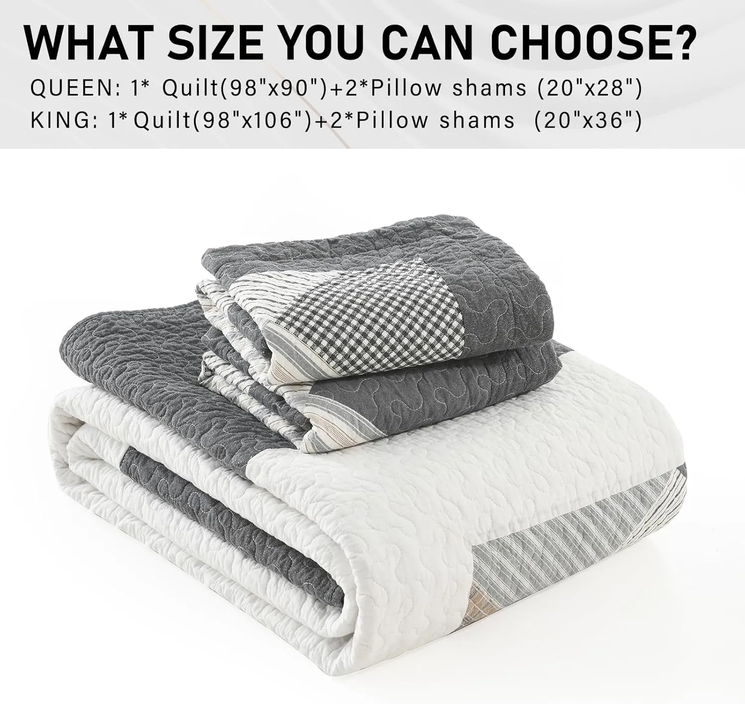 PERHOM Quilts Queen Size - 100% Cotton Queen Quilt Bedspread Sets, Gray Quilt Bedding Set for Queen Bed, 3 Pcs Farmhouse Reversible Rustic Lightweight Comforter, Dark-Gray/White/Brown