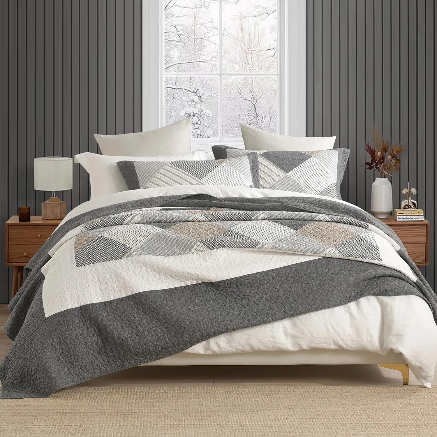 PERHOM Quilts Queen Size - 100% Cotton Queen Quilt Bedspread Sets, Gray Quilt Bedding Set for Queen Bed, 3 Pcs Farmhouse Reversible Rustic Lightweight Comforter, Dark-Gray/White/Brown