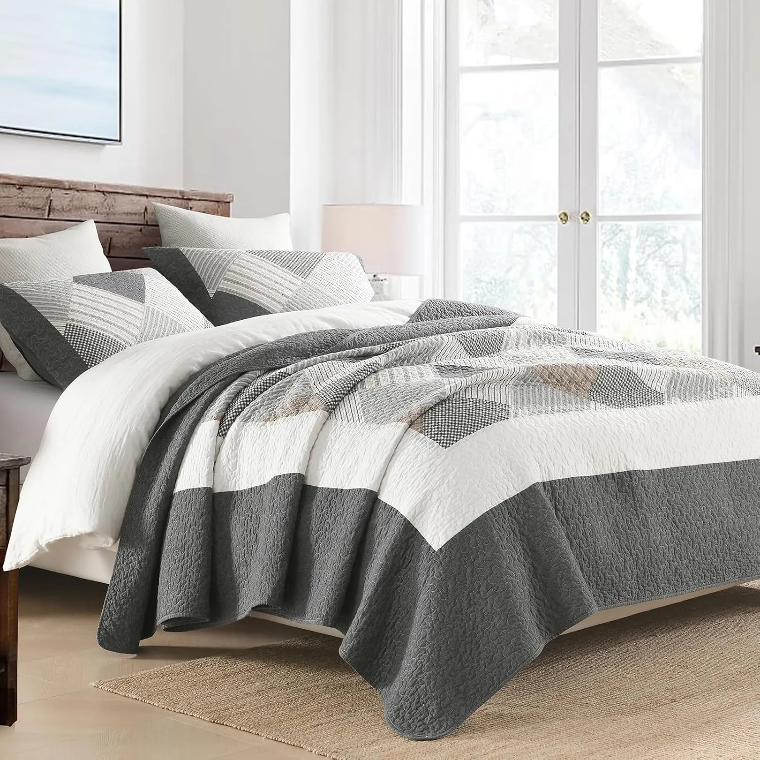 PERHOM Quilts Queen Size - 100% Cotton Queen Quilt Bedspread Sets, Gray Quilt Bedding Set for Queen Bed, 3 Pcs Farmhouse Reversible Rustic Lightweight Comforter, Dark-Gray/White/Brown