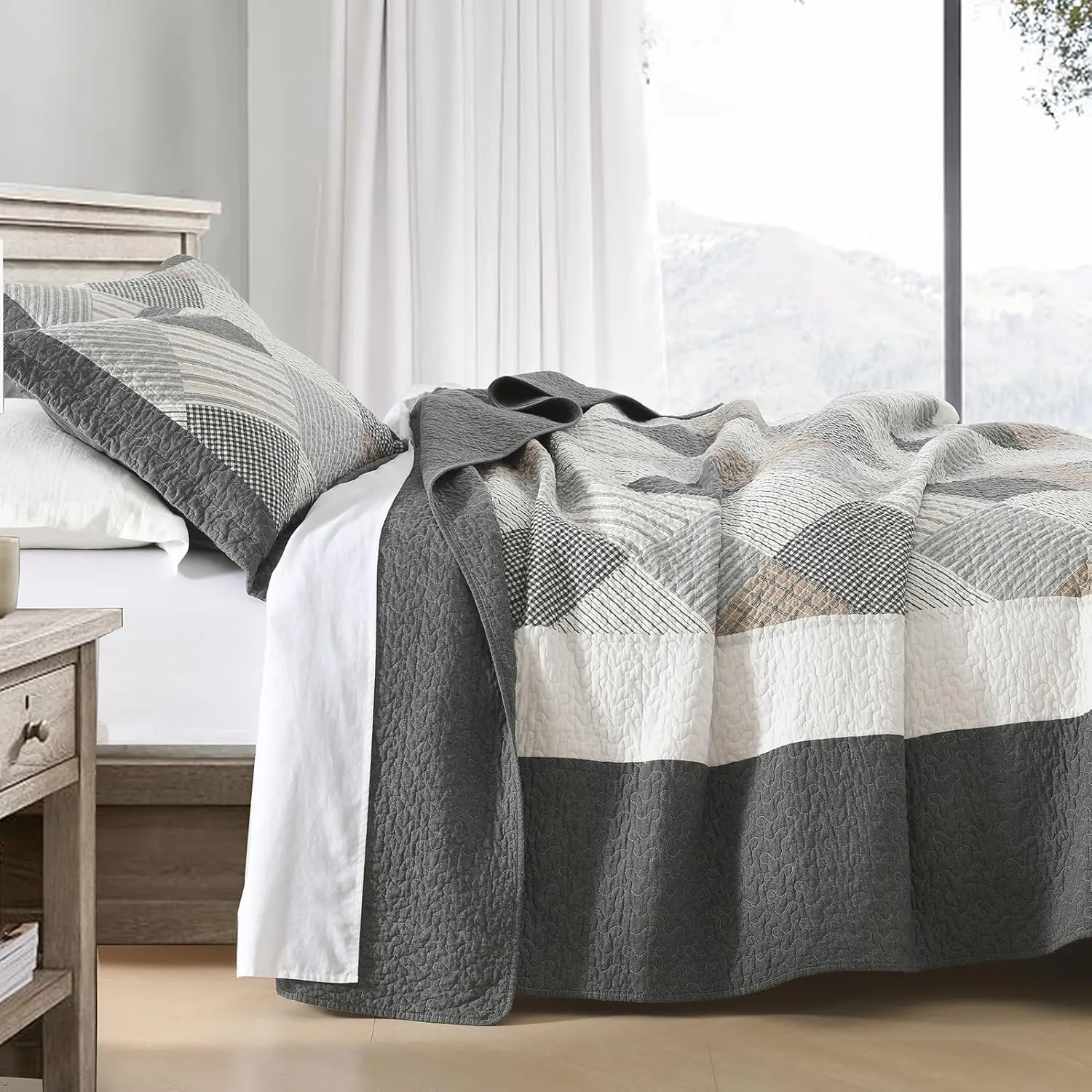 PERHOM Quilts Queen Size - 100% Cotton Queen Quilt Bedspread Sets, Gray Quilt Bedding Set for Queen Bed, 3 Pcs Farmhouse Reversible Rustic Lightweight Comforter, Dark-Gray/White/Brown