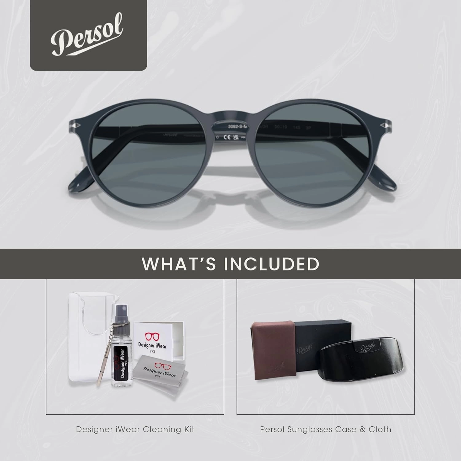 Persol PO3092SM Round Sunglasses for Men   BUNDLE With Designer iWear Complimentary Eyewear Kit