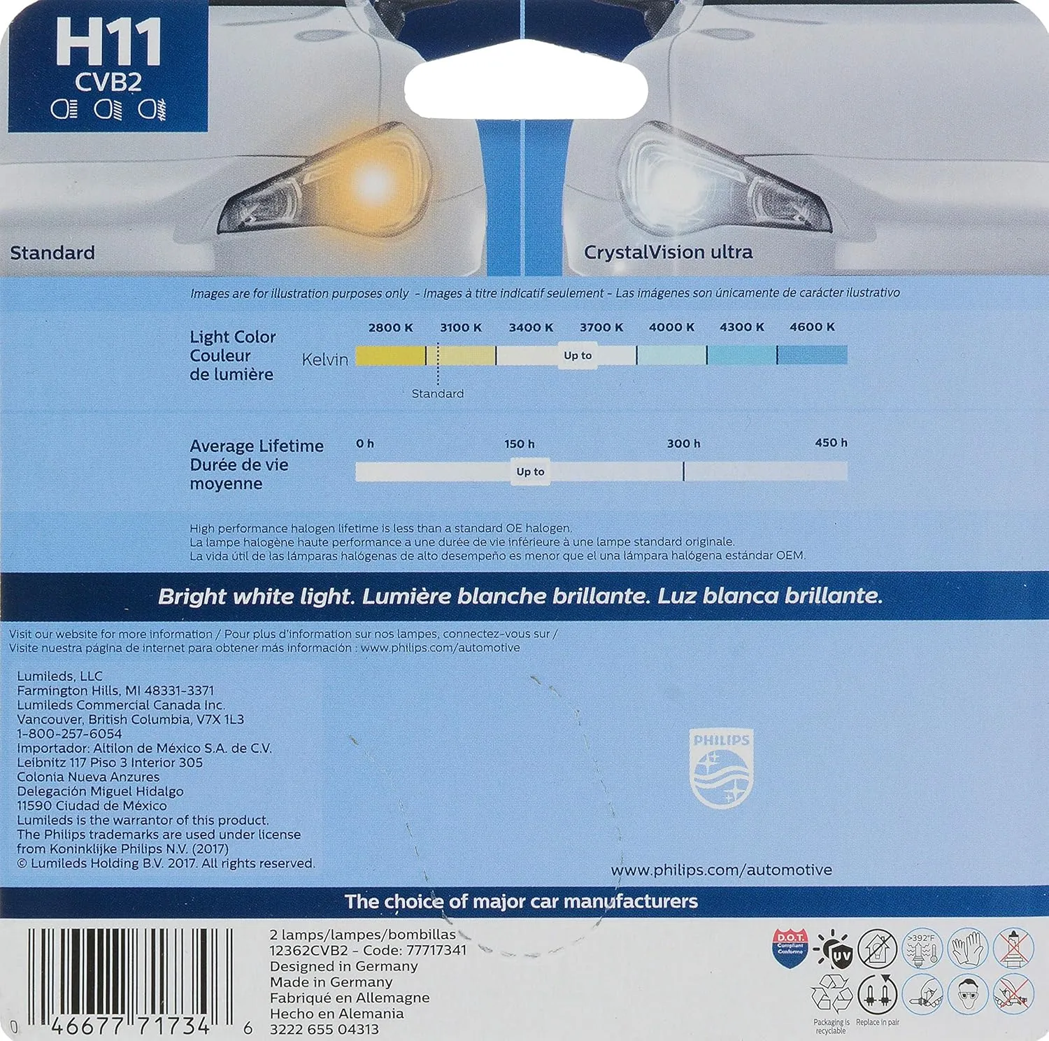 Philips H11 CrystalVision Ultra Upgraded Bright White Headlight Bulb, 2 Pack