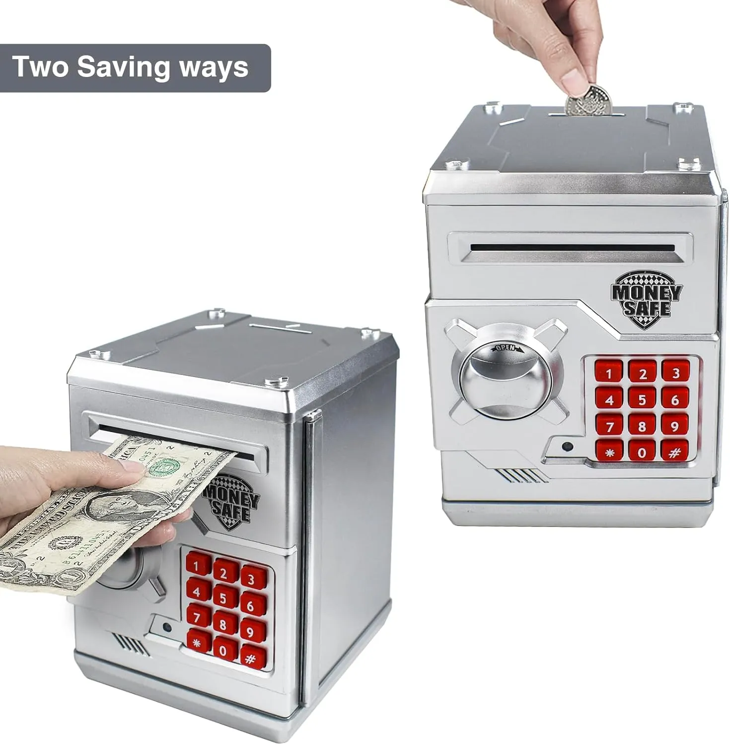 Piggy Bank Electronic Mini ATM for Kids Baby Toy, Safe Coin Banks Money Saving Box Password Code Lock for Children,Boys Girls Best Gift (Bright Silver)