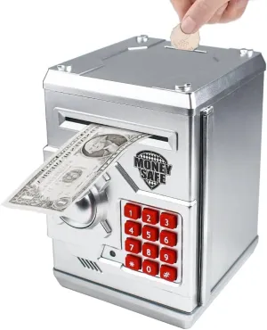 Piggy Bank Electronic Mini ATM for Kids Baby Toy, Safe Coin Banks Money Saving Box Password Code Lock for Children,Boys Girls Best Gift (Bright Silver)