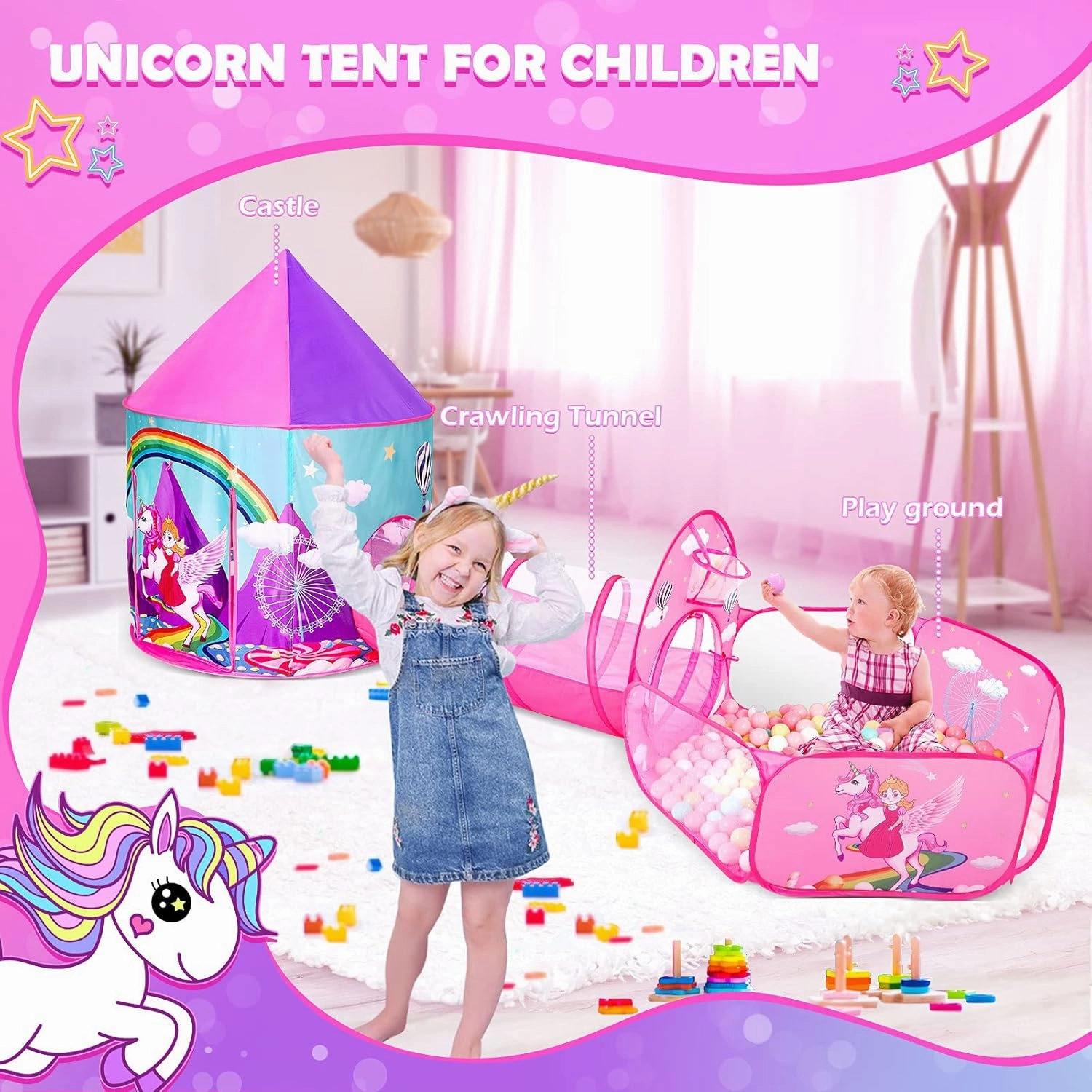 PigPigPen 3pc Kids Play Tent for Girls with Ball Pit, Crawl Tunnel, Castle Tents for Toddlers, Baby Unicorn Tent Toys, Girls Indoor& Outdoor Play House, Perfect Kid’s Gifts (3PC Unicorn Play Tent)