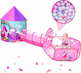 PigPigPen 3pc Kids Play Tent for Girls with Ball Pit, Crawl Tunnel, Castle Tents for Toddlers, Baby Unicorn Tent Toys, Girls Indoor& Outdoor Play House, Perfect Kid’s Gifts (3PC Unicorn Play Tent)