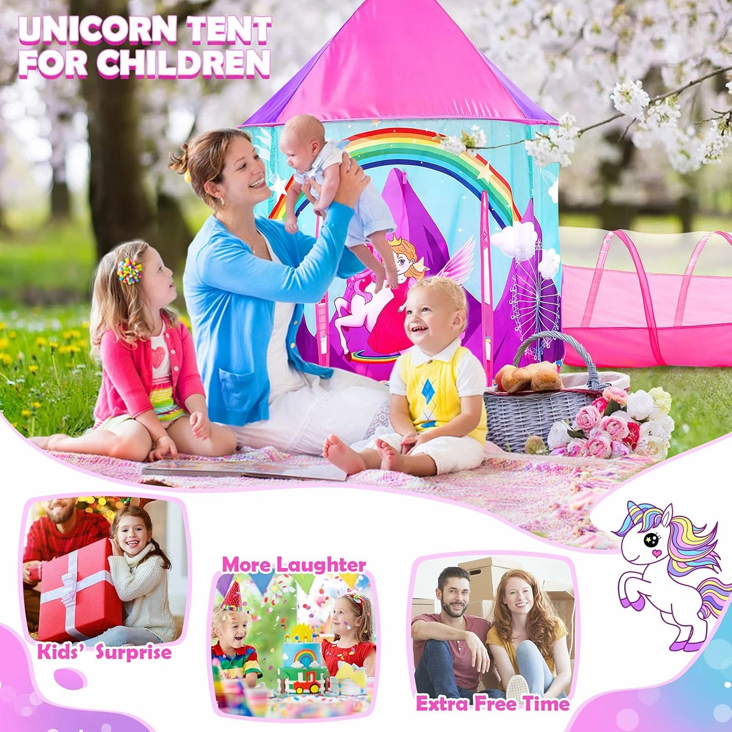 PigPigPen 3pc Kids Play Tent for Girls with Ball Pit, Crawl Tunnel, Castle Tents for Toddlers, Baby Unicorn Tent Toys, Girls Indoor& Outdoor Play House, Perfect Kid’s Gifts (3PC Unicorn Play Tent)
