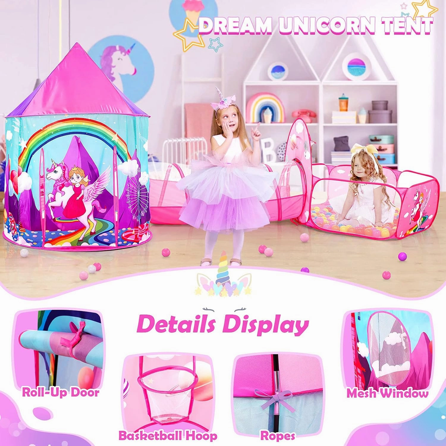 PigPigPen 3pc Kids Play Tent for Girls with Ball Pit, Crawl Tunnel, Castle Tents for Toddlers, Baby Unicorn Tent Toys, Girls Indoor& Outdoor Play House, Perfect Kid’s Gifts (3PC Unicorn Play Tent)