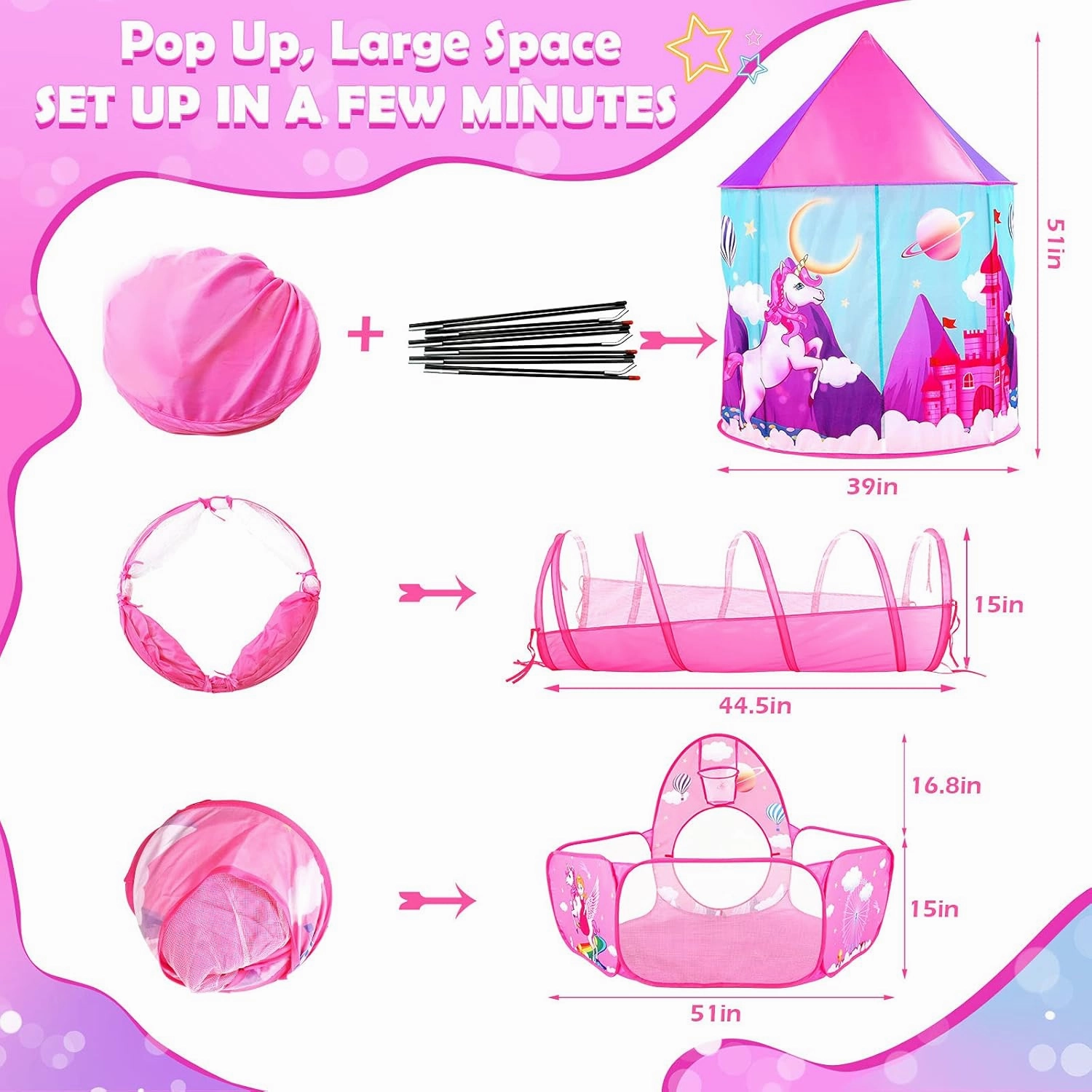 PigPigPen 3pc Kids Play Tent for Girls with Ball Pit, Crawl Tunnel, Castle Tents for Toddlers, Baby Unicorn Tent Toys, Girls Indoor& Outdoor Play House, Perfect Kid’s Gifts (3PC Unicorn Play Tent)