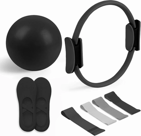 Pilates Essential Kit - Portable Fitness Equipment - with Toning Pilates Ring & Long Resistance Bands & Pilates Loop Bands & Soft Pilates Ball & Pilates Grip Socks