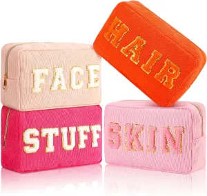 Pinkunn 4 Pcs Preppy Makeup Bags Chenille Letter Travel Organizer Face Skin Hair Stuff Corduroy Cosmetic Hygiene Toiletry Pouch with Zipper Wedding Birthday Gifts for Women(Cute Color)