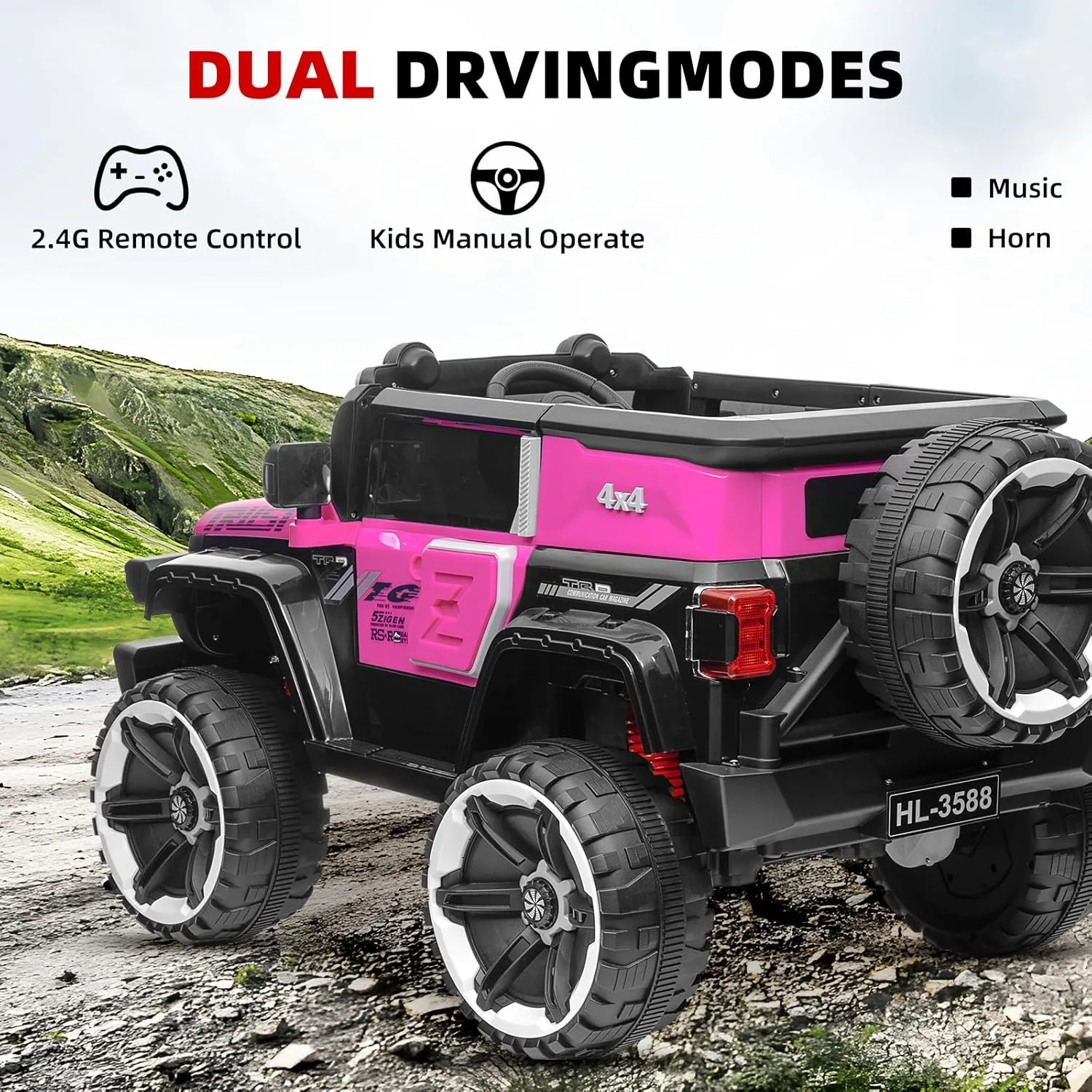 PioneerWorks Ride on Truck Car for Kids Ages 3-6, 12V Electric Toy Car with 7AH Battery, Powerful Motors, 2.4G Remote Control, Metal Suspension, Rose Red