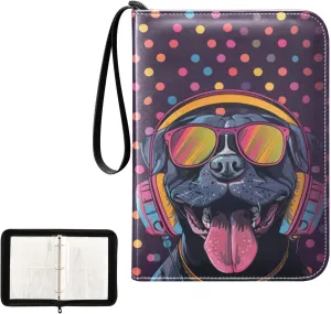 Pitbull Headphones Dog Colorful Dots Card Binder 4 Pocket, Trading Card Holder Fits 400 Game Cards with 50 Removable Sleeves, MTG Card Case Standard Size