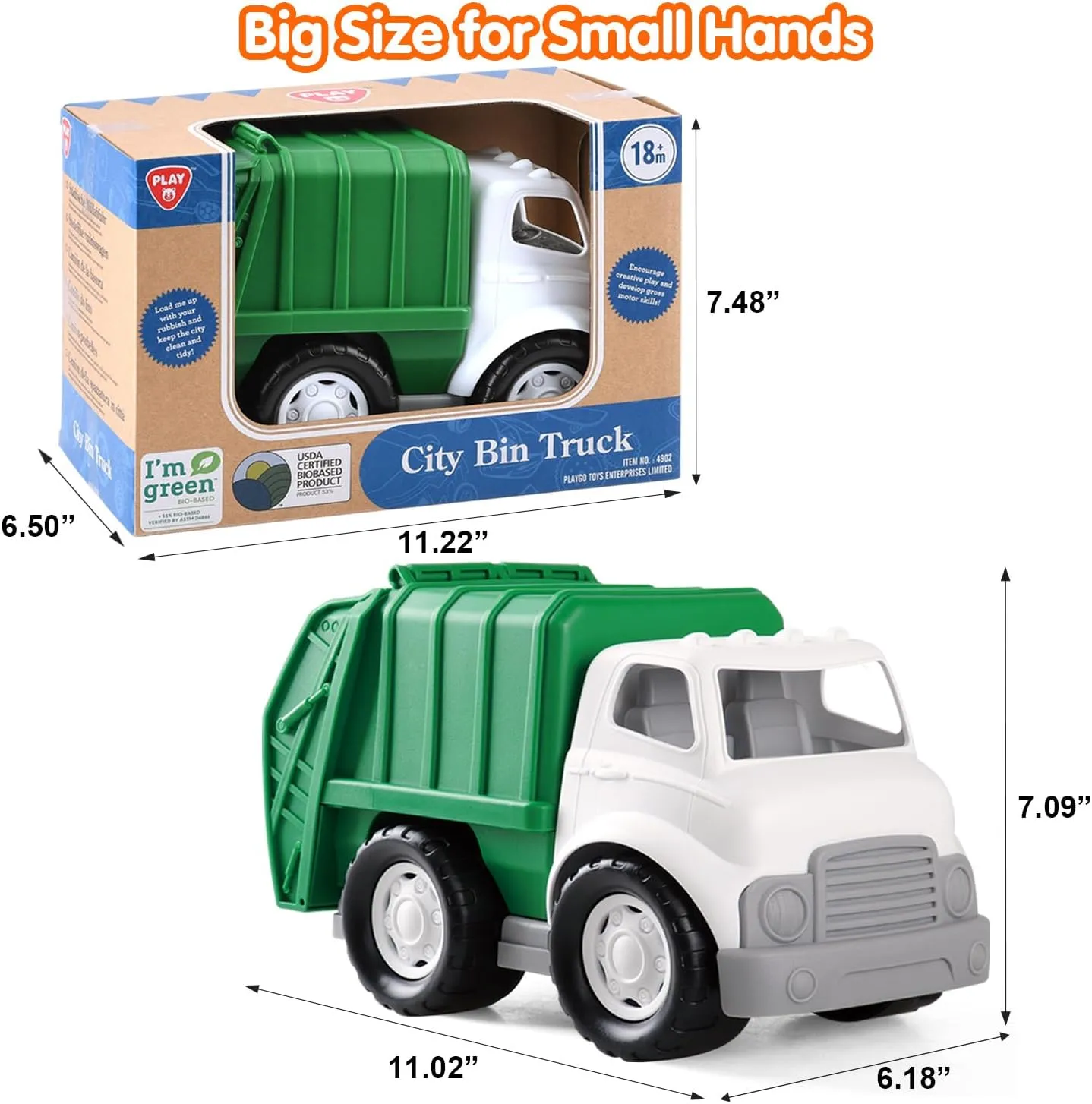 PLAY Eco-Friendly Garbage Truck, [USDA Certified] No BPA/Phthalate/PVC, Recycled Bioplastic Trash Truck Toys for Boys 1-4, Fine Motor Skills Car Toys Vehicle Gift for Kids