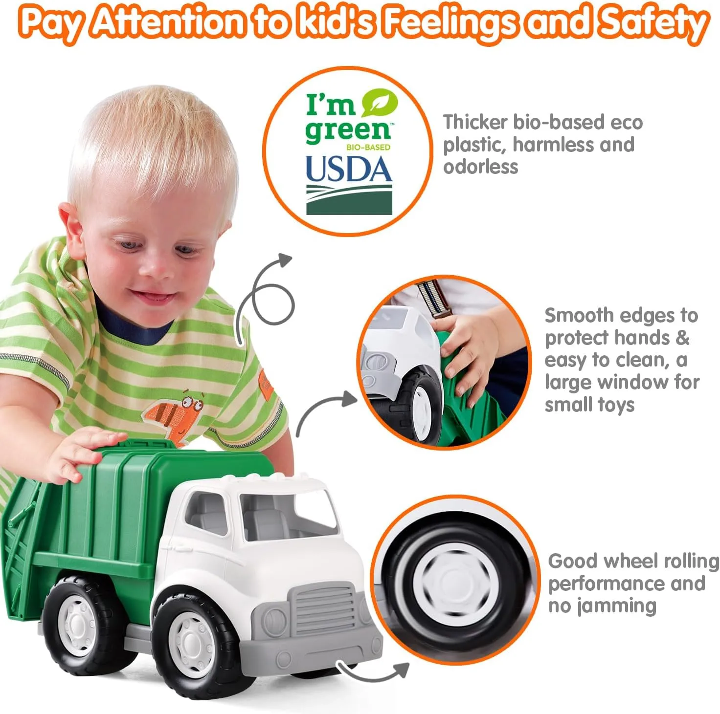 PLAY Eco-Friendly Garbage Truck, [USDA Certified] No BPA/Phthalate/PVC, Recycled Bioplastic Trash Truck Toys for Boys 1-4, Fine Motor Skills Car Toys Vehicle Gift for Kids