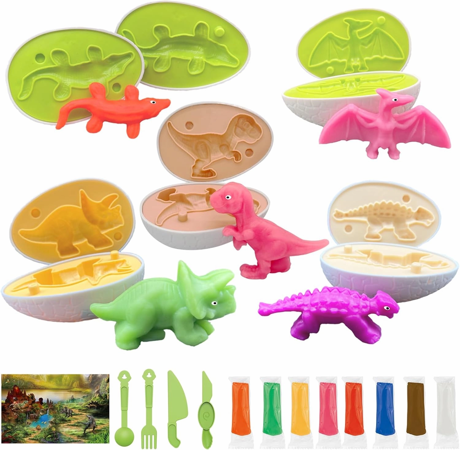 Playdough Dinosaur Egg Set for 3-6 Years Dinosaur Game Dough Mold, Playdough Accessories Dinosaur Toys for 3 4 5 6 7 8 Years Old Girls Boys