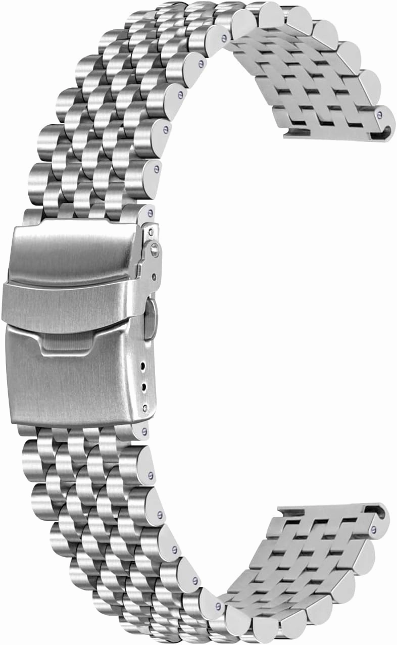 Polished Metal Watch Band for Men Women, 20mm 22mm Quick Release 3D 7 Beads Stainless Steel Watch Bands Strap Classic Replacement Bracelet with Double Locks Silver