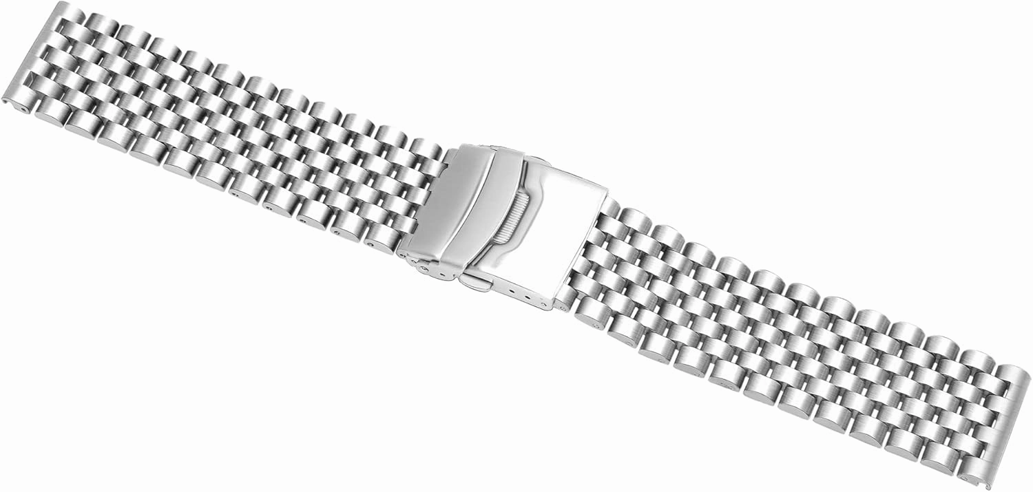 Polished Metal Watch Band for Men Women, 20mm 22mm Quick Release 3D 7 Beads Stainless Steel Watch Bands Strap Classic Replacement Bracelet with Double Locks Silver
