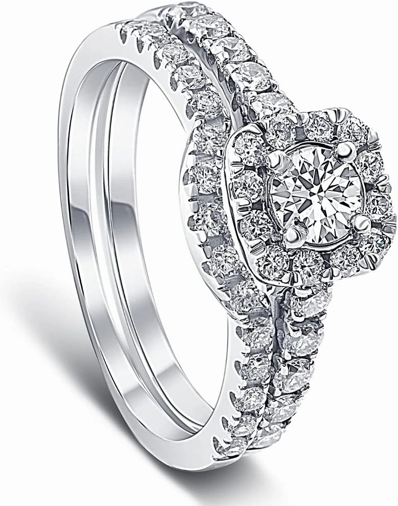 Pompeii 3/4Ct Cushion Halo Diamond Engagement Wedding Ring Set White Gold Lab Grown ((H-I),SI(1)-SI(2))