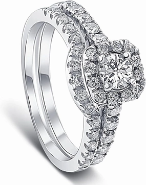 Pompeii 3/4Ct Cushion Halo Diamond Engagement Wedding Ring Set White Gold Lab Grown ((H-I),SI(1)-SI(2))