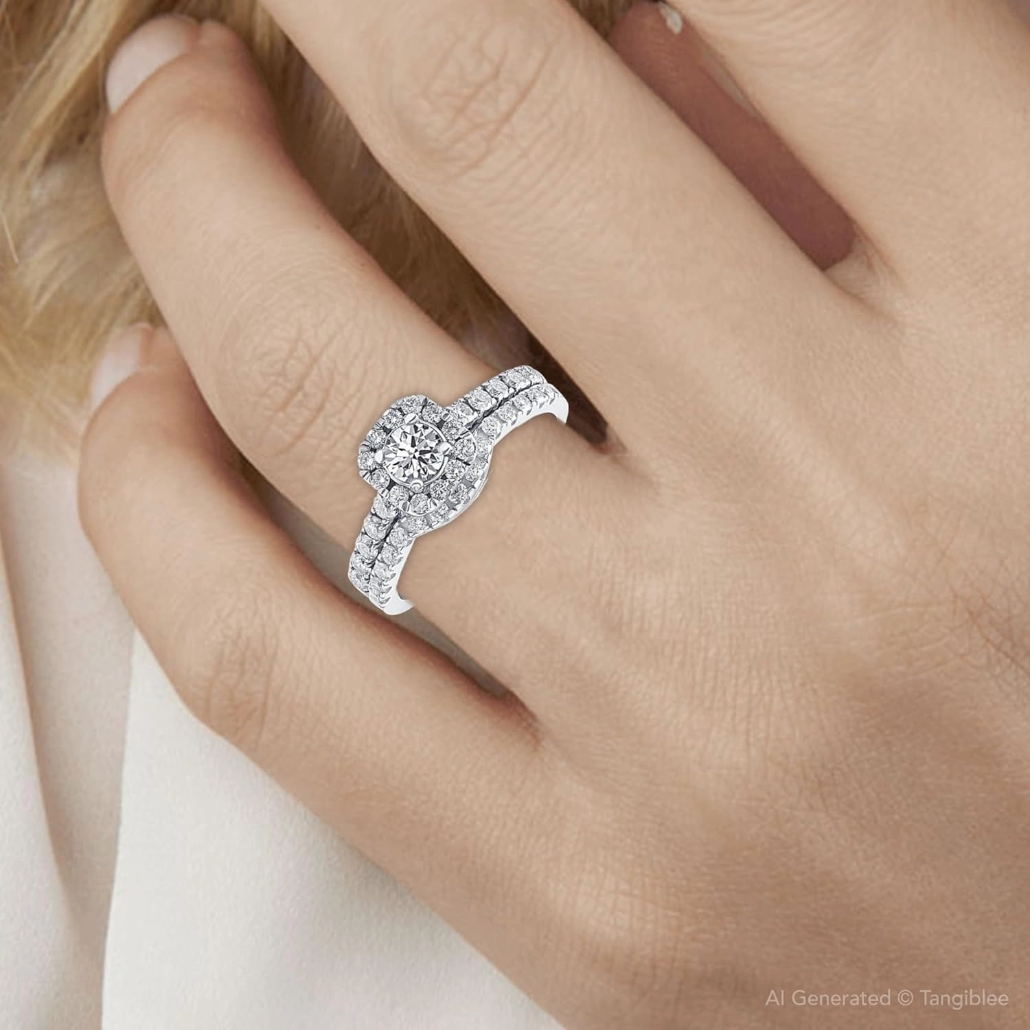 Pompeii 3/4Ct Cushion Halo Diamond Engagement Wedding Ring Set White Gold Lab Grown ((H-I),SI(1)-SI(2))