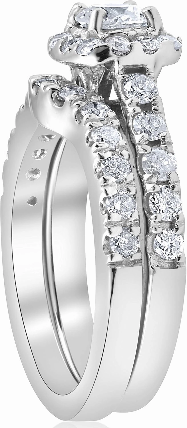 Pompeii 3/4Ct Cushion Halo Diamond Engagement Wedding Ring Set White Gold Lab Grown ((H-I),SI(1)-SI(2))