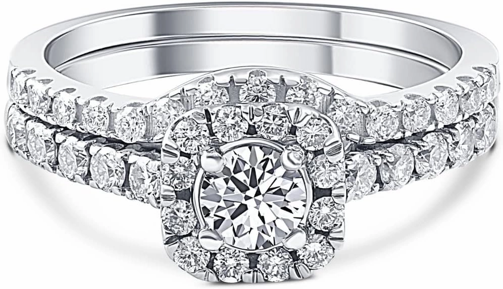 Pompeii 3/4Ct Cushion Halo Diamond Engagement Wedding Ring Set White Gold Lab Grown ((H-I),SI(1)-SI(2))