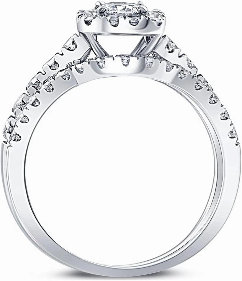 Pompeii 3/4Ct Cushion Halo Diamond Engagement Wedding Ring Set White Gold Lab Grown ((H-I),SI(1)-SI(2))
