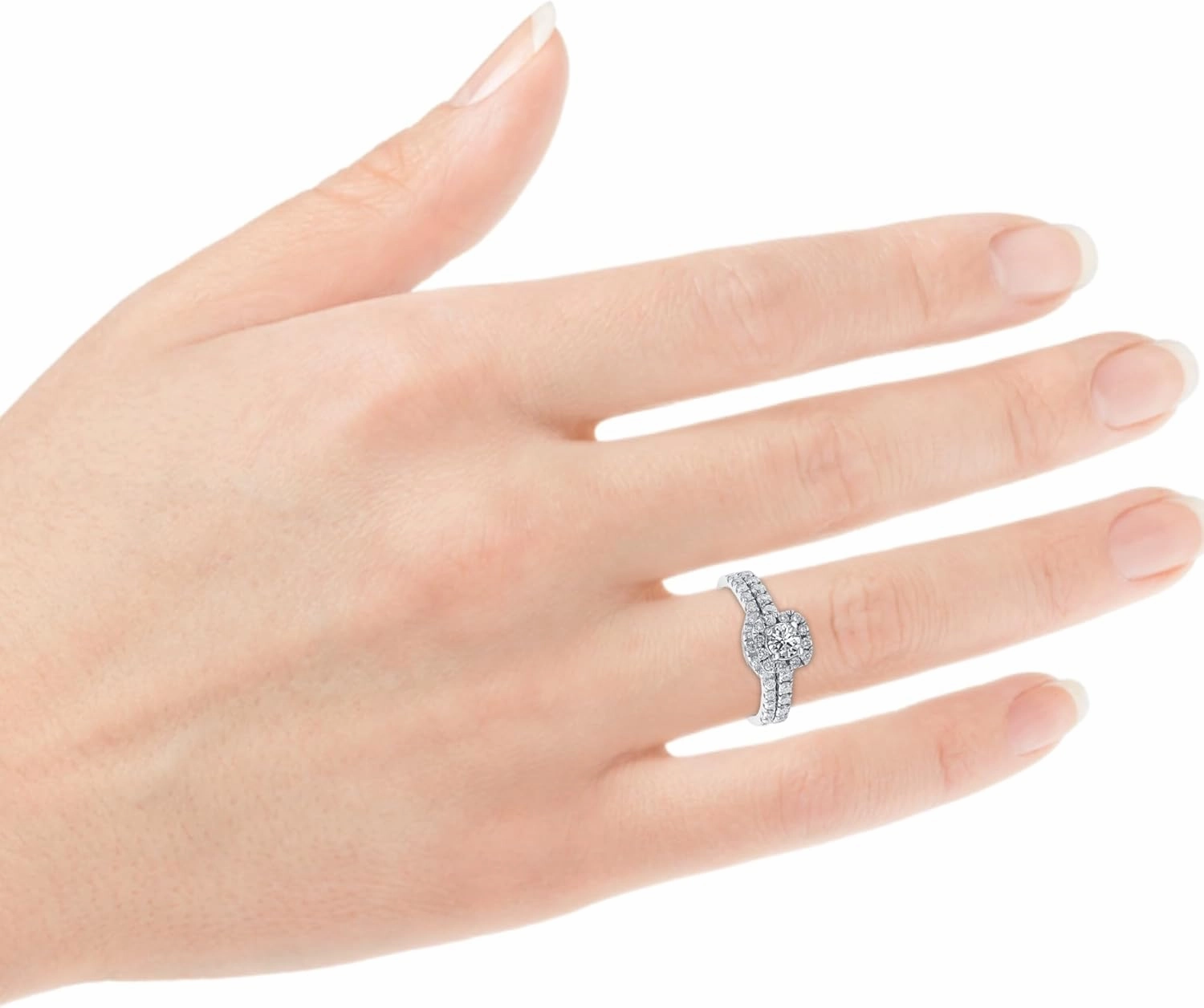 Pompeii 3/4Ct Cushion Halo Diamond Engagement Wedding Ring Set White Gold Lab Grown ((H-I),SI(1)-SI(2))