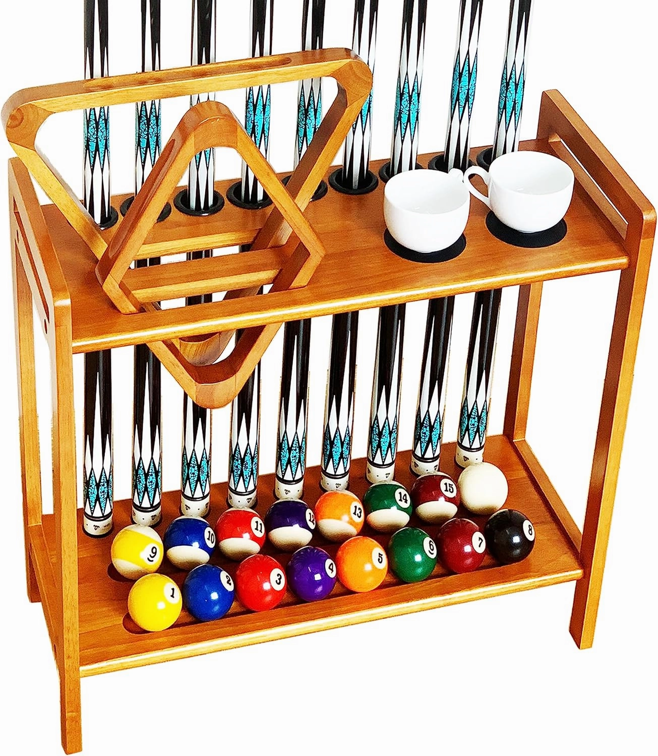 Pool Stick Holder Floor Stand Holds 9 Cues & Pool Table Accessories. Wooden 2-Tier Cue Stick Storage with Ball Rack Hangers, Billiard Cone Chalk Holder or Drink Pads