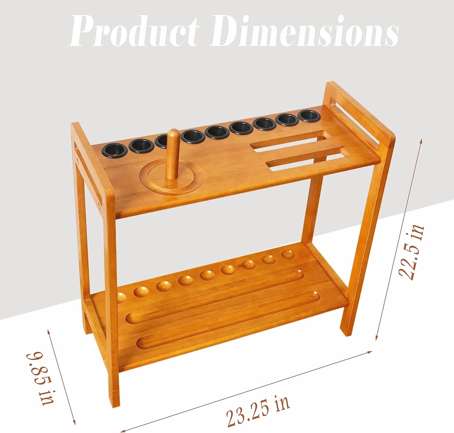Pool Stick Holder Floor Stand Holds 9 Cues & Pool Table Accessories. Wooden 2-Tier Cue Stick Storage with Ball Rack Hangers, Billiard Cone Chalk Holder or Drink Pads