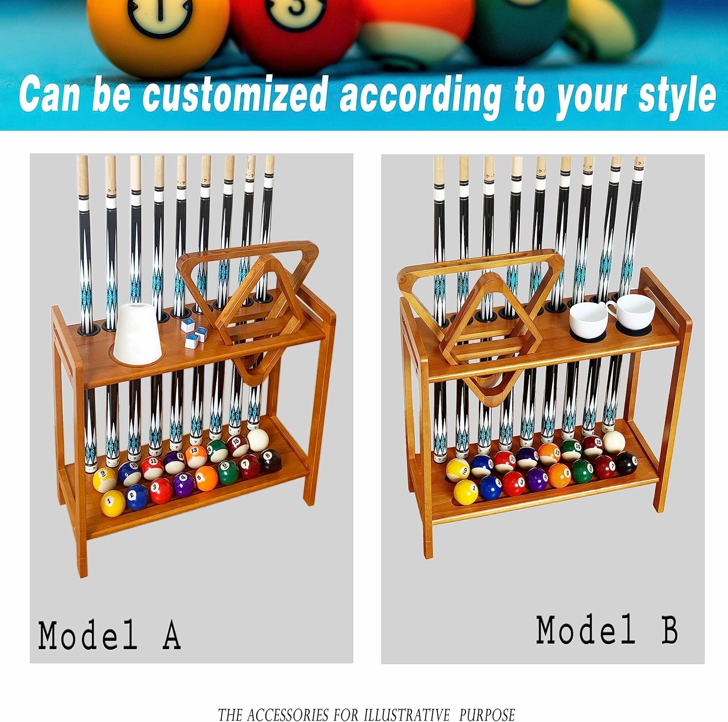 Pool Stick Holder Floor Stand Holds 9 Cues & Pool Table Accessories. Wooden 2-Tier Cue Stick Storage with Ball Rack Hangers, Billiard Cone Chalk Holder or Drink Pads