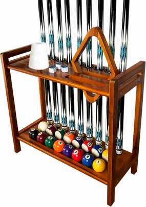 Pool Stick Holder Floor Stand Holds 9 Cues & Pool Table Accessories. Wooden 2-Tier Cue Stick Storage with Ball Rack Hangers, Billiard Cone Chalk Holder or Drink Pads