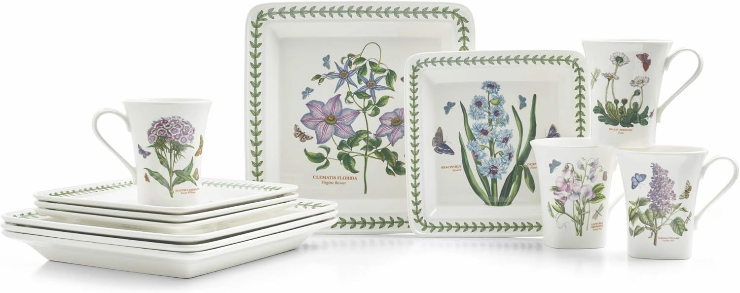 Portmeirion Botanic Garden 12-Piece Square Dinnerware Set - Fine Porcelain with Floral Motifs, Chip-Resistant - Unique Tableware Patterns, Ceramic Serveware Sets for Gifting & Gatherings