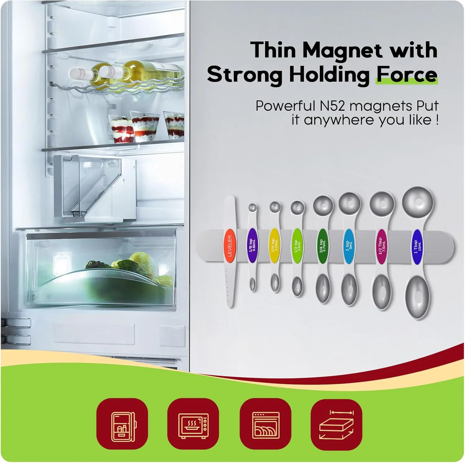 Premium Magnetic Measuring Spoons Set|Strong N52 Magnets|Heavy Duty Stainless Steel|Dual-Sided for Spice Jar & Liquid Measuring|Dishwasher Safe|7 Spoons with Leveler for Baking & Cooking (Colorful)