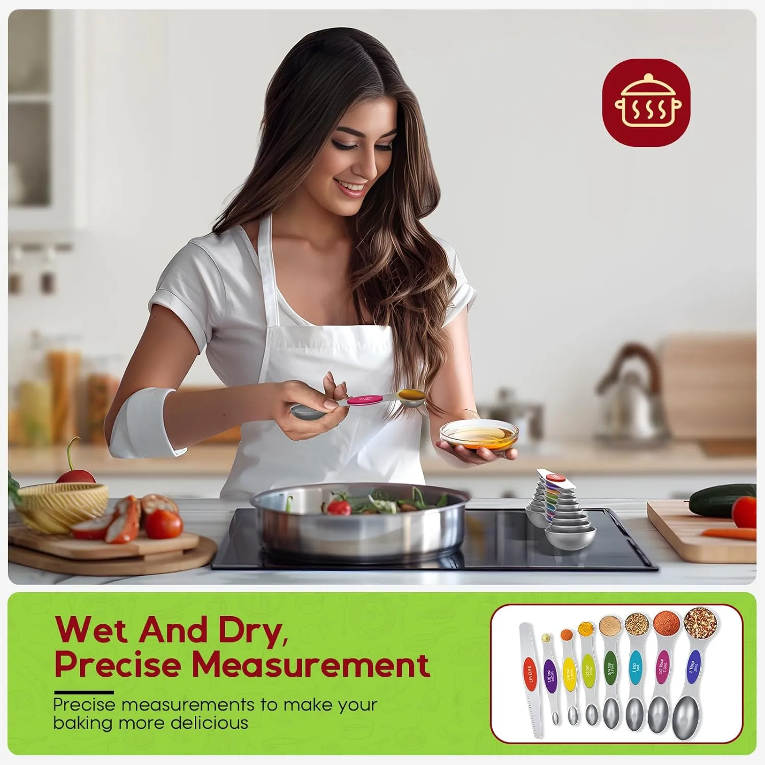 Premium Magnetic Measuring Spoons Set|Strong N52 Magnets|Heavy Duty Stainless Steel|Dual-Sided for Spice Jar & Liquid Measuring|Dishwasher Safe|7 Spoons with Leveler for Baking & Cooking (Colorful)