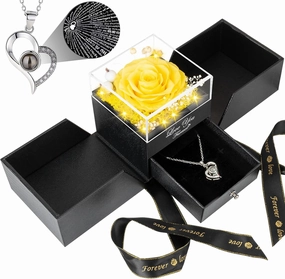 Preserved Yellow Real Rose Eternal Flowers Rose Gifts for Mom Grandma Wife Girlfriend Gifts for Her Christmas Birthday Anniversary with I Love You Necklace
