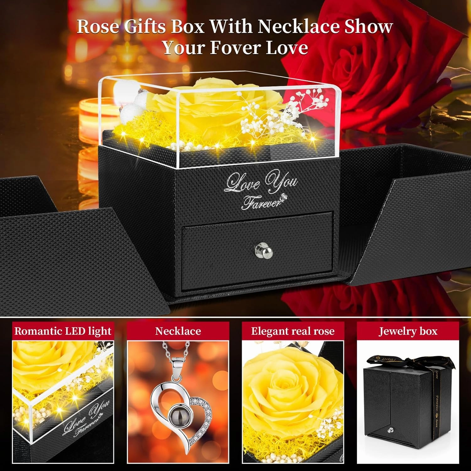 Preserved Yellow Real Rose Eternal Flowers Rose Gifts for Mom Grandma Wife Girlfriend Gifts for Her Christmas Birthday Anniversary with I Love You Necklace