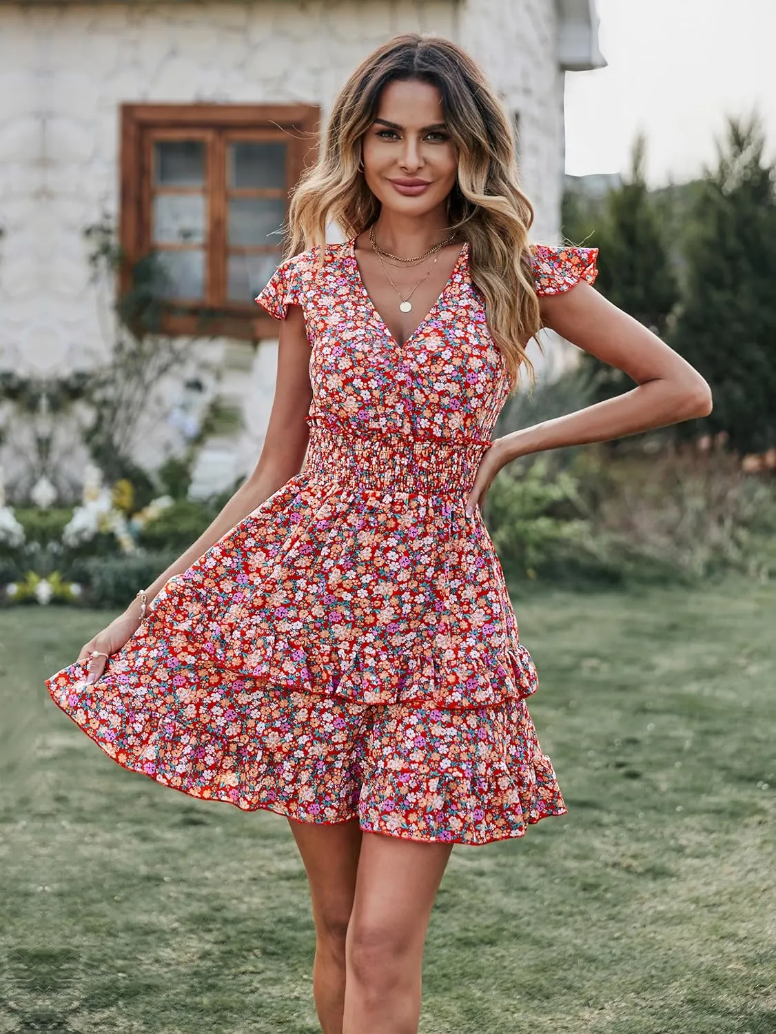 PRETTYGARDEN Womens Summer Dresses Boho V Neck Floral Print Ruffle Sleeve Layered Mini Dress Cute Smocked Waist Short Dress