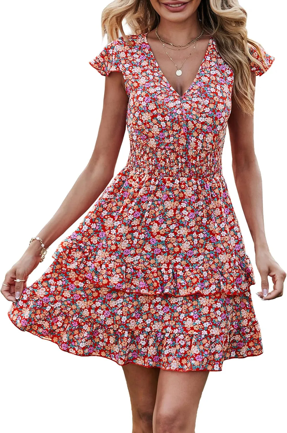 PRETTYGARDEN Womens Summer Dresses Boho V Neck Floral Print Ruffle Sleeve Layered Mini Dress Cute Smocked Waist Short Dress