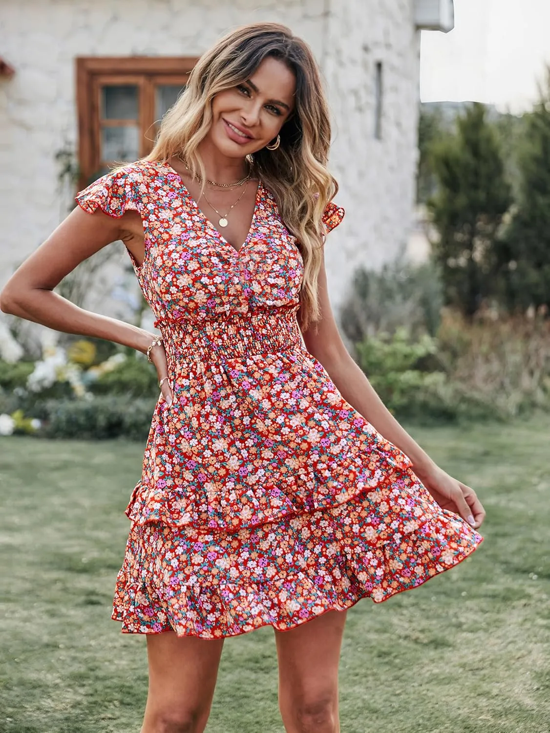 PRETTYGARDEN Womens Summer Dresses Boho V Neck Floral Print Ruffle Sleeve Layered Mini Dress Cute Smocked Waist Short Dress